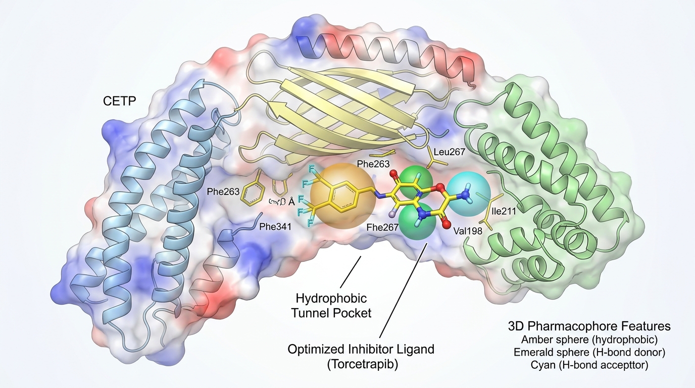 CETP pharmacophore model, tunnel binding site, and 100ns MD trajectory
