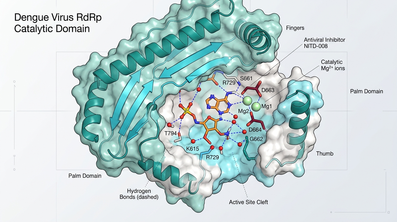 Dengue Virus RdRp catalytic site, bound inhibitor ligand, and binding free energy ranking