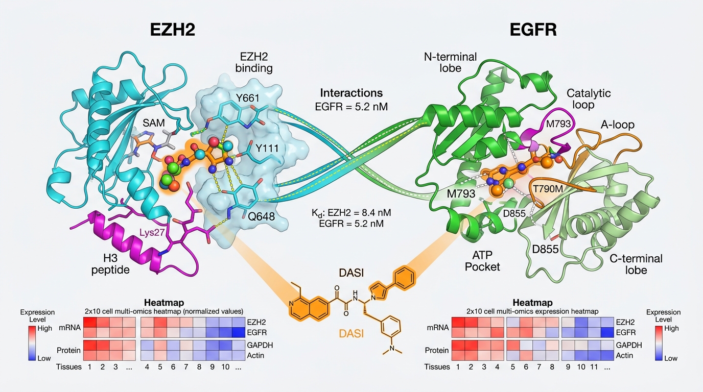 TCGA expression heatmap, Kaplan-Meier survival curves, dual target concept, and protein-ligand interactions for EZH2 and EGFR